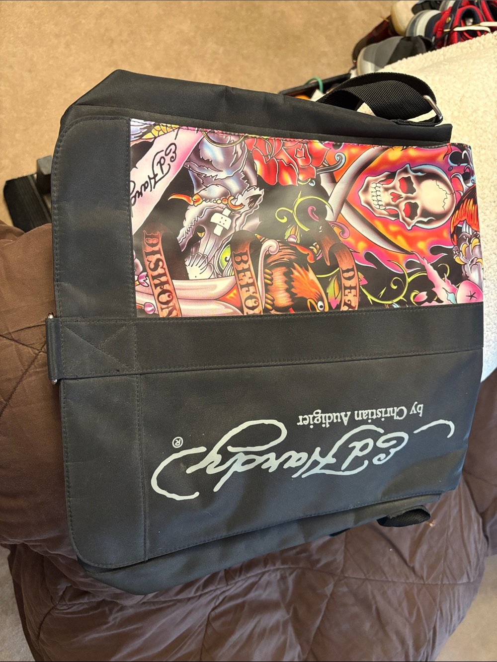 Ed Hardy Black Messenger Bag with Colorful Tattoo Graphic